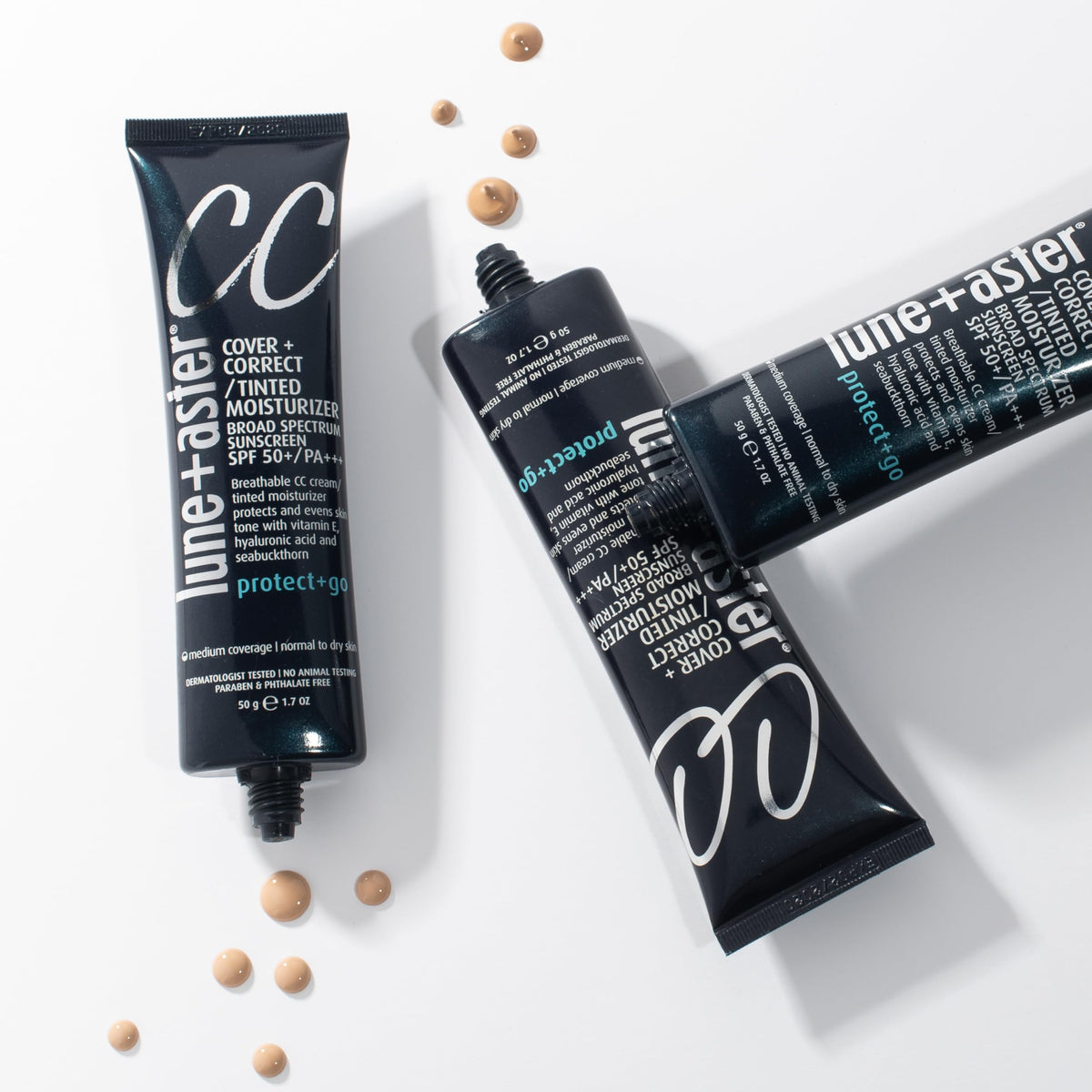 Lune+Aster CC Cream vegan, dermatologist-tested packaging and safety.