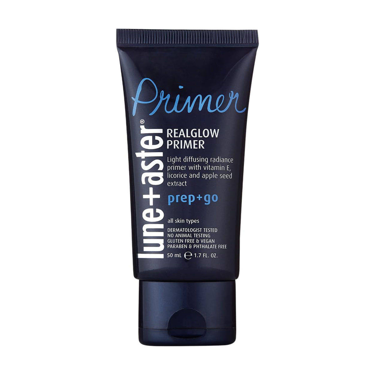 Lune+Aster RealGlow Primer bottle closeup showing radiant, hydrated skin