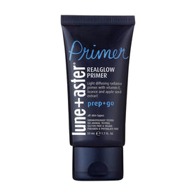 Lune+Aster RealGlow Primer bottle closeup showing radiant, hydrated skin