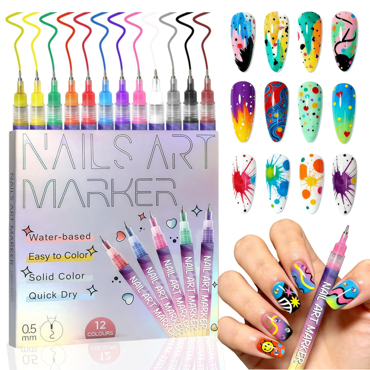 LuneHe life 12-color nail art pens closeup with 0.5mm tip for precise lines