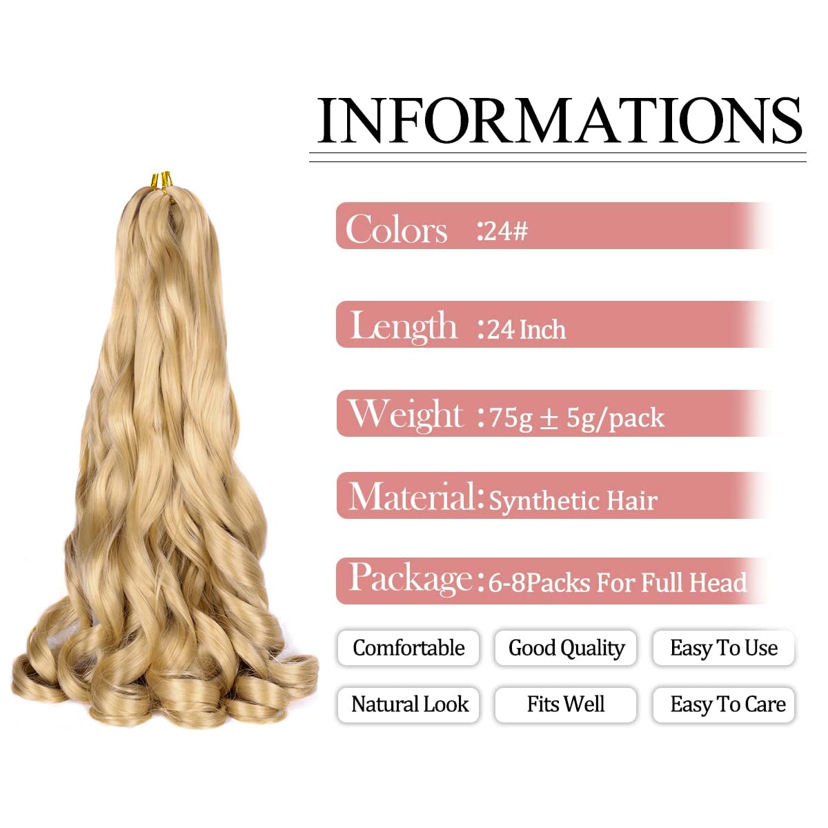 Luoyudu French Curl braiding hair 24 inch side view highlighting movement and softness.