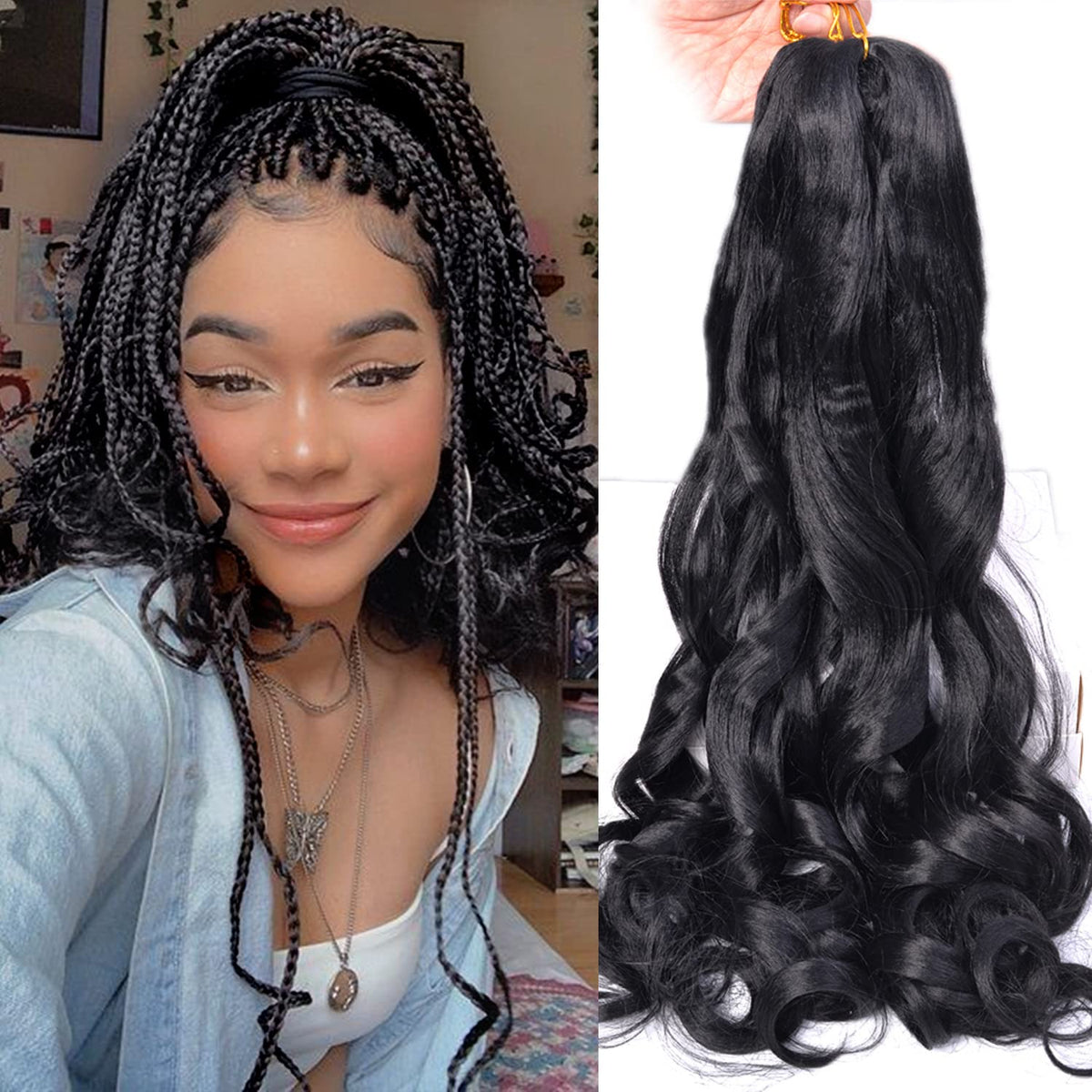 Luoyudu French curly braiding hair 16-inch loose wavy, natural movement for versatile styles.