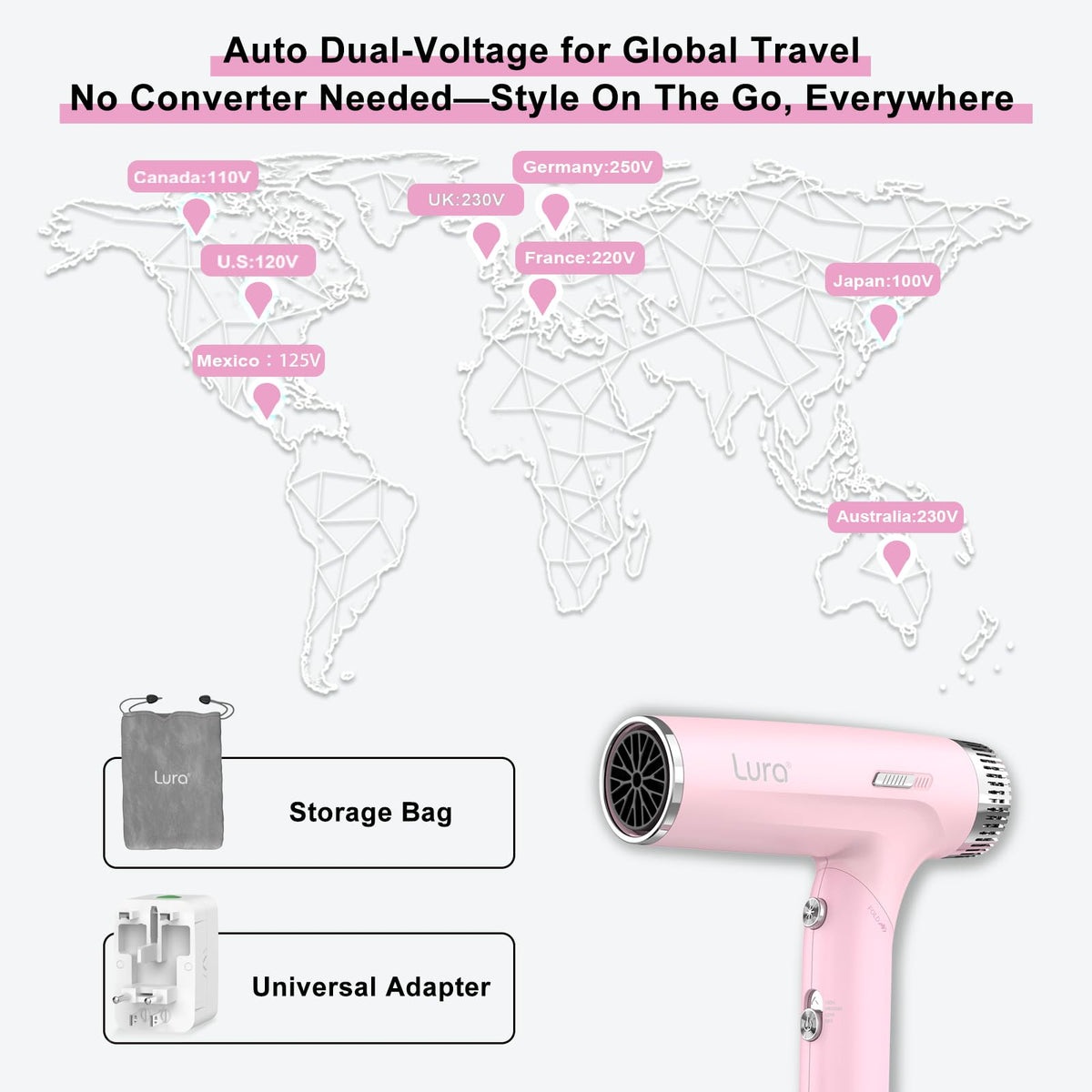 LURA dryer with 2-speed and 3-heat settings for versatile styling