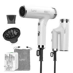 LURA Auto Dual Voltage hair dryer front view showing travel readiness