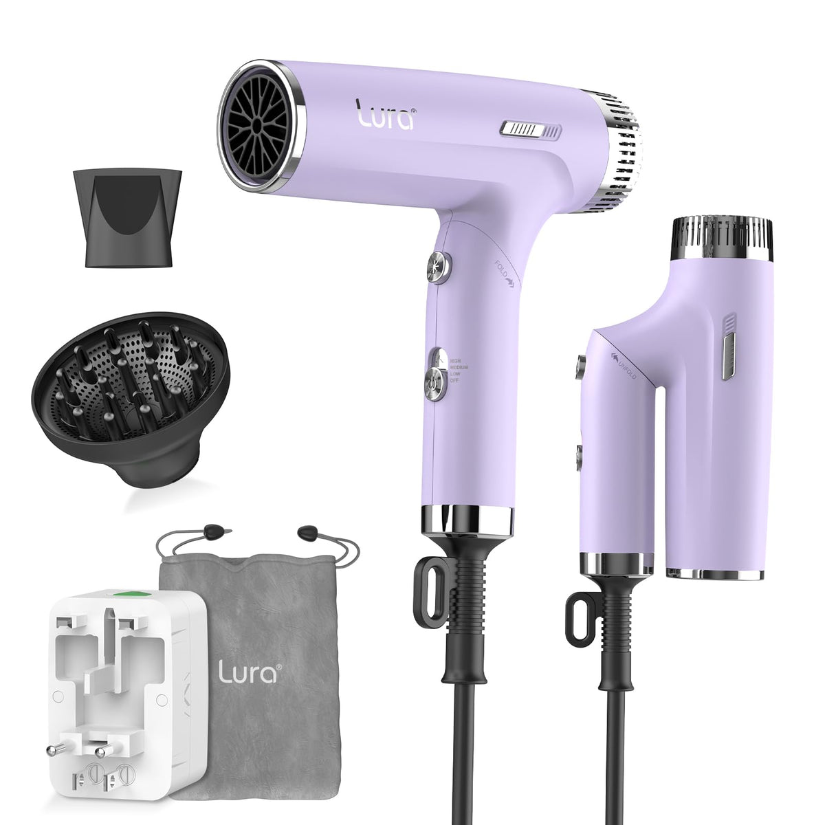 LURA auto dual voltage hair dryer ready for worldwide travel with effortless voltage switching.