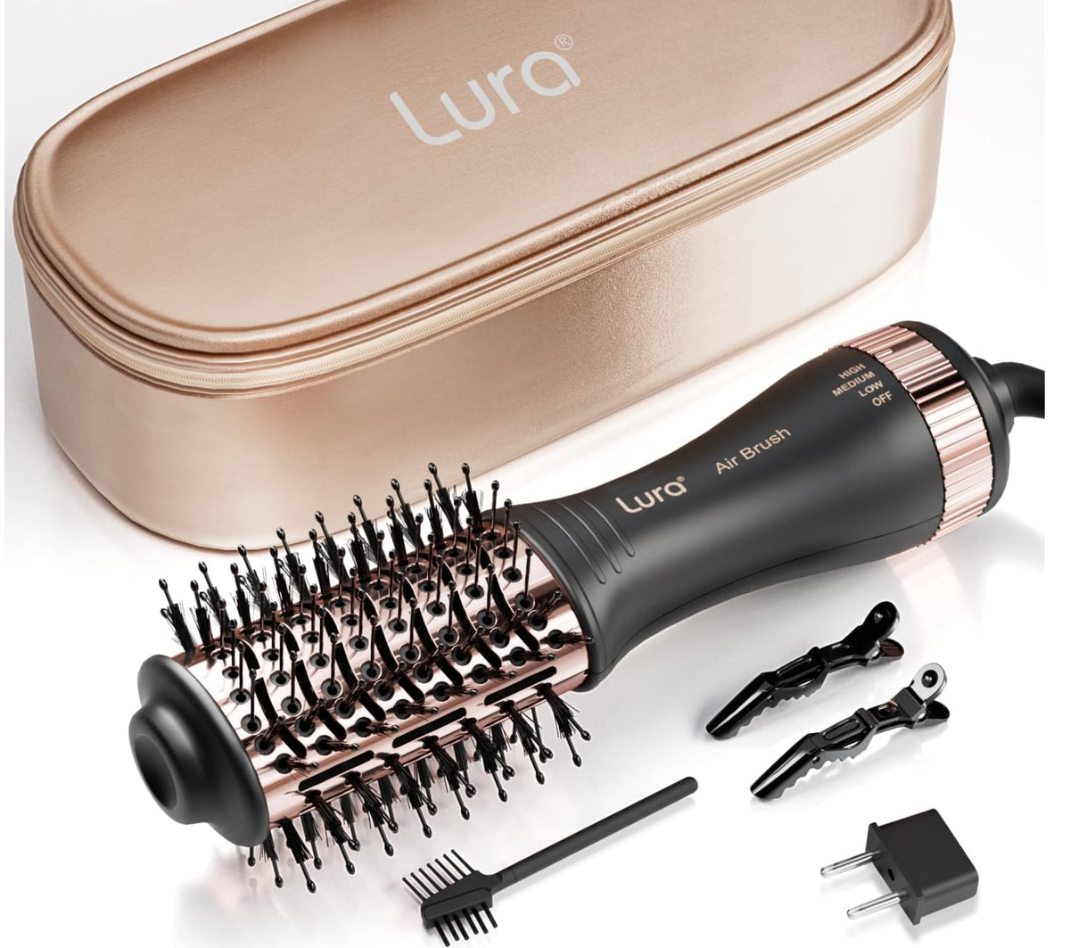 LURA automatic dual voltage hair dryer brush for worldwide styling.