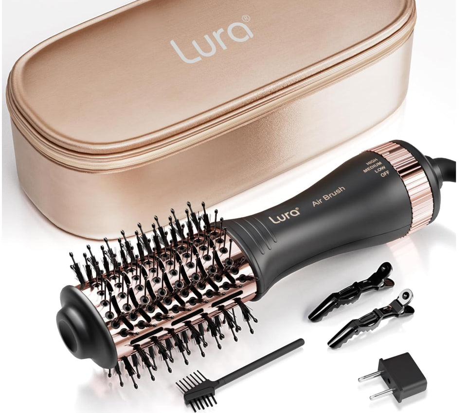 LURA automatic dual voltage hair dryer brush for worldwide styling.