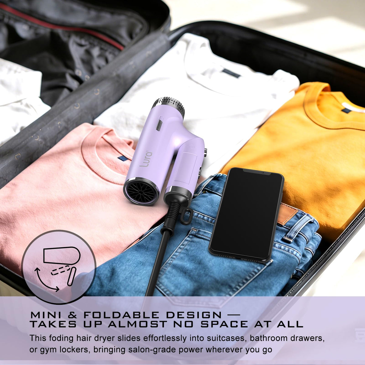 LURA compact foldable travel hair dryer fits easily in small bags for on-the-go styling.
