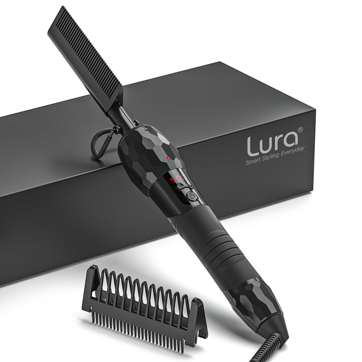 LURA electric hot comb with digital display for precise heat control and smooth styling.