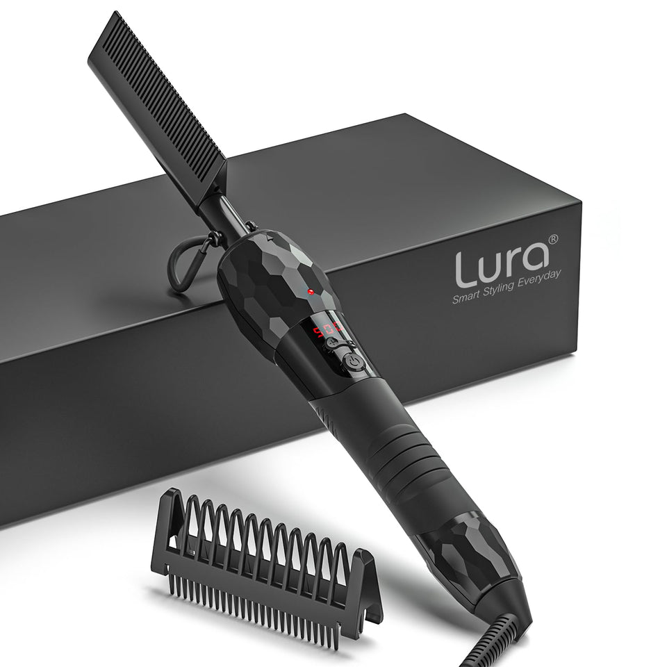 LURA electric hot comb with digital display for precise heat control and smooth styling.