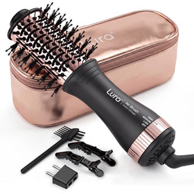 LURA hair dryer brush with automatic dual voltage for travel styling.