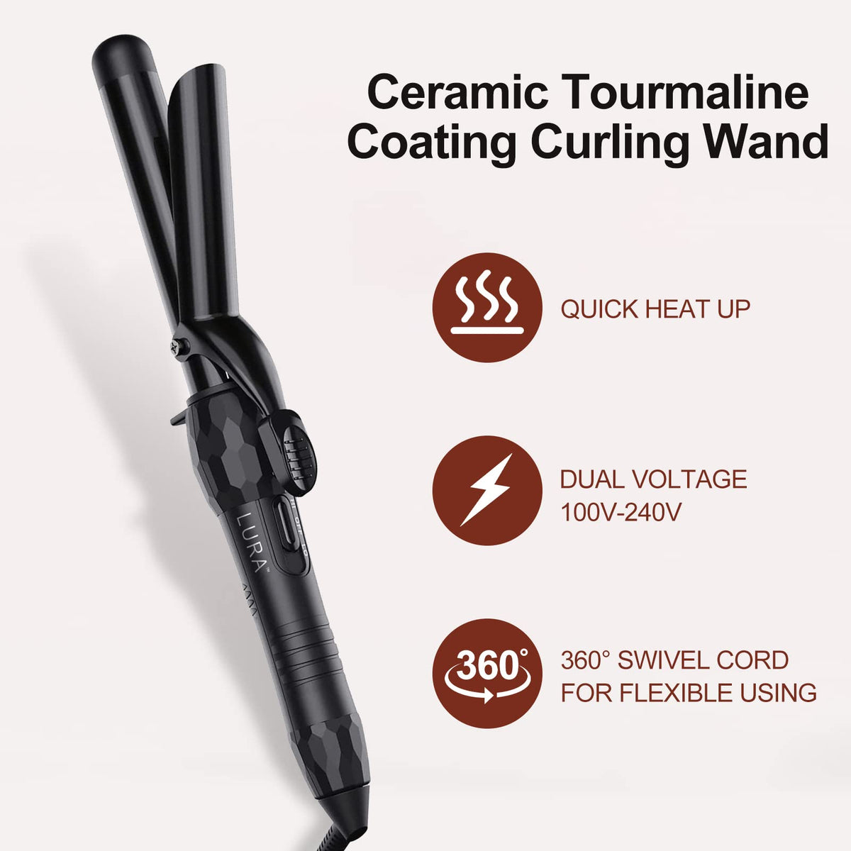 LURA heat settings display shows 320°F to 410°F for tailored styling.