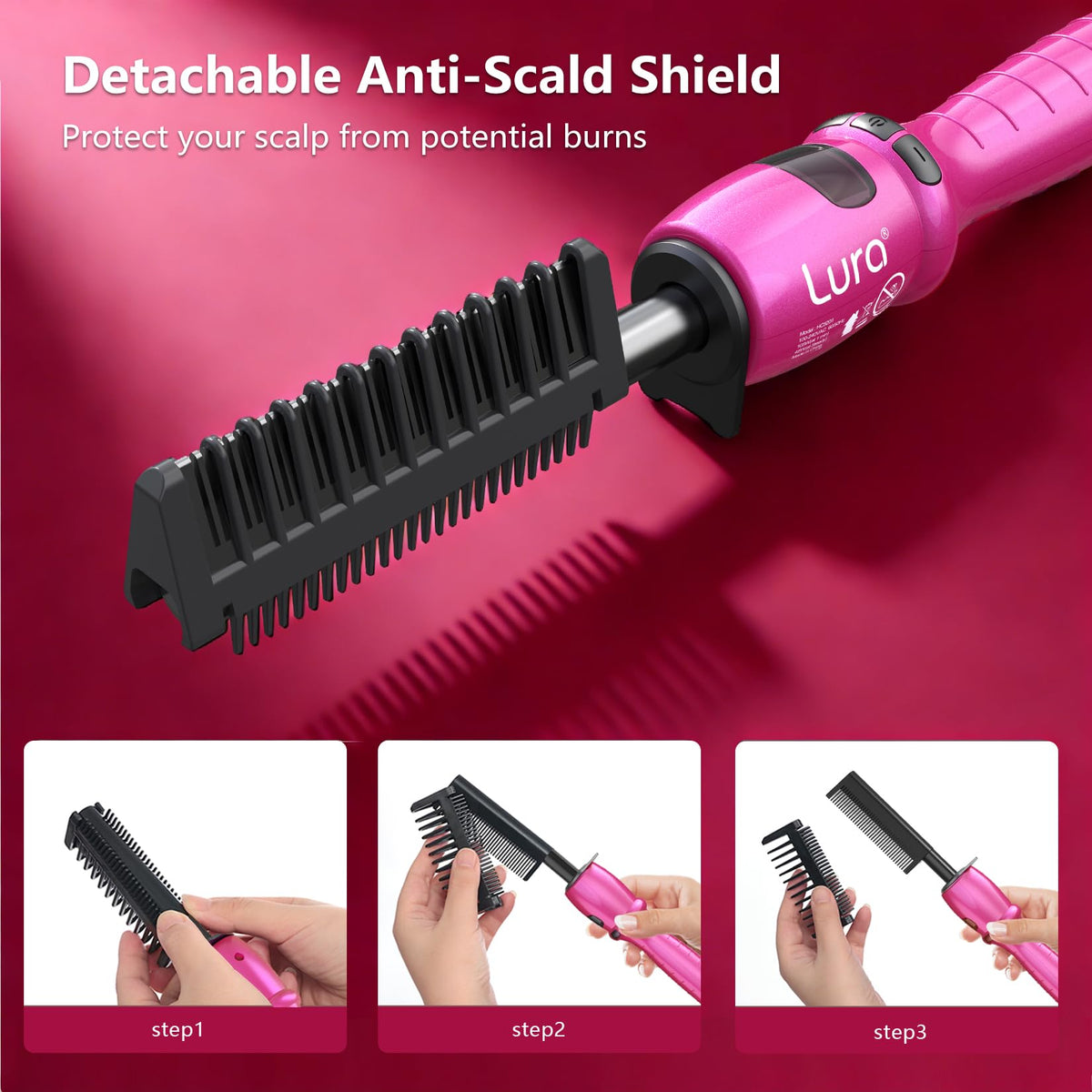 LURA pink hot comb in use for straightening wigs and hair