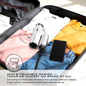 LURA travel hair dryer folded compact in its case demonstrating space-saving design