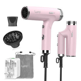 LURA travel hair dryer folding pink handle for ultra-compact packing