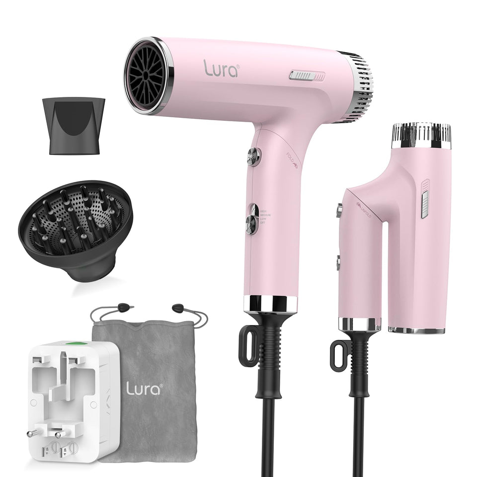 LURA travel hair dryer folding pink handle for ultra-compact packing