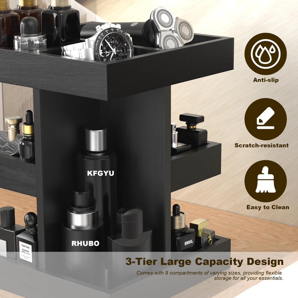 Luraxquty wood-texture surface with iron frame supports stable display.
