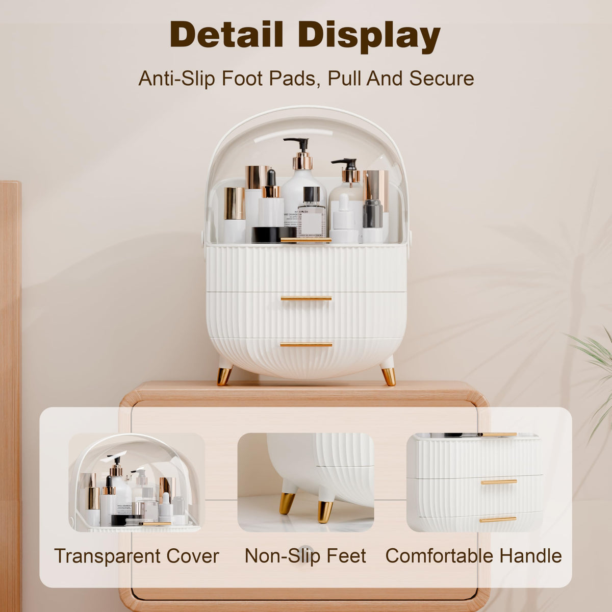 Lurcns makeup organizer in durable ABS material for sturdy cosmetic storage.