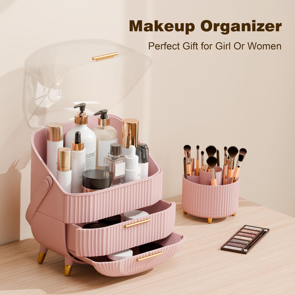 LURCNS pink makeup organizer with large-opening lid, showcasing dustproof and moisture protection for cosmetics