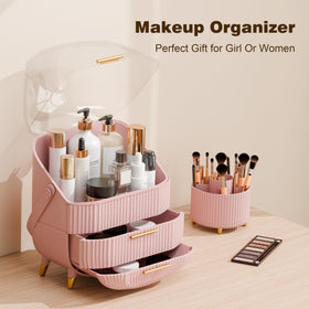 LURCNS pink makeup organizer with large-opening lid, showcasing dustproof and moisture protection for cosmetics