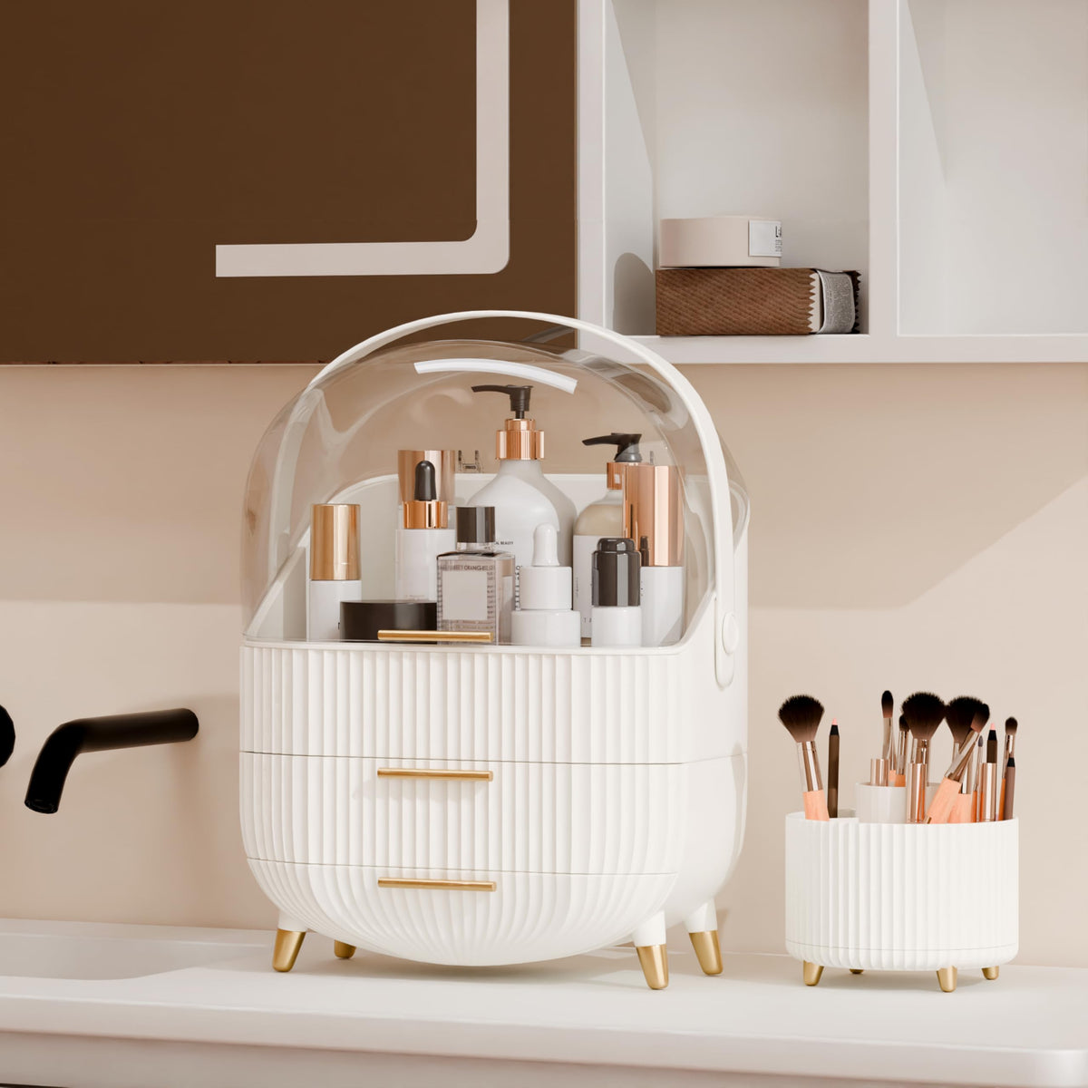 Lurcns organizer featuring a golden handle and non-slip feet for secure placement.