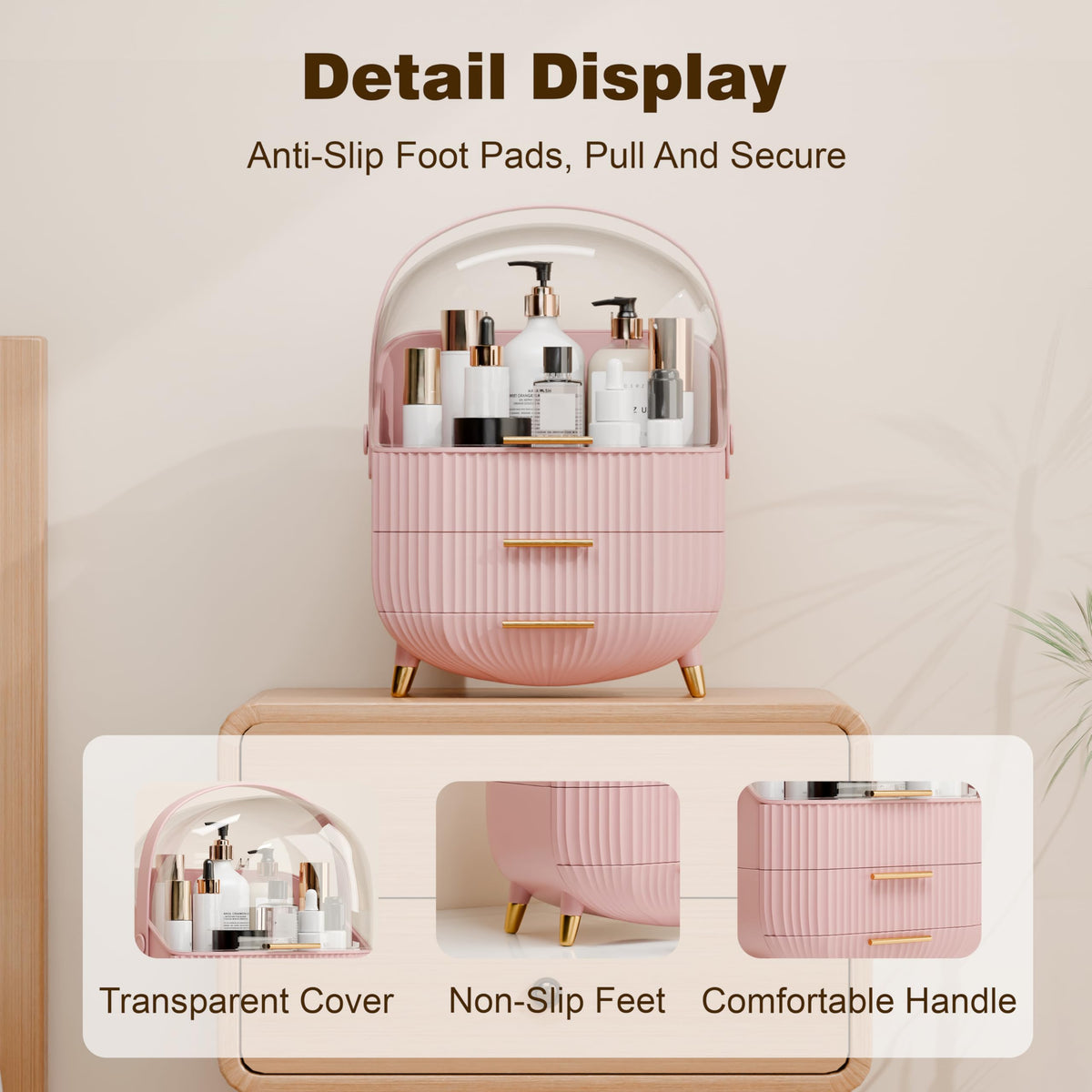 LURCNS pink makeup organizer with lid open, highlighting ample storage for lotions, essences, and cosmetics