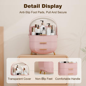 LURCNS pink makeup organizer with lid open, highlighting ample storage for lotions, essences, and cosmetics