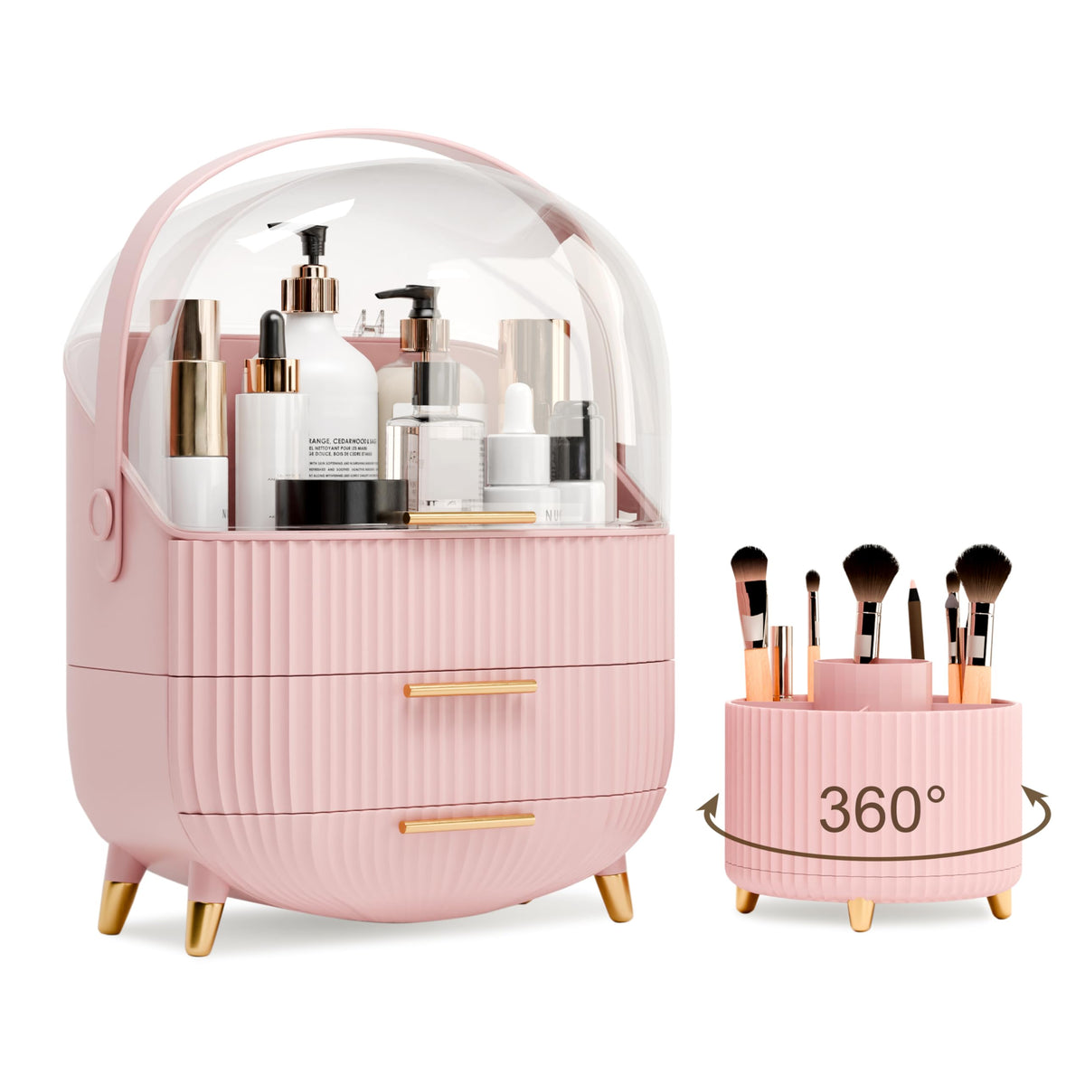 LURCNS pink makeup organizer on vanity showing spacious compartments for cosmetics