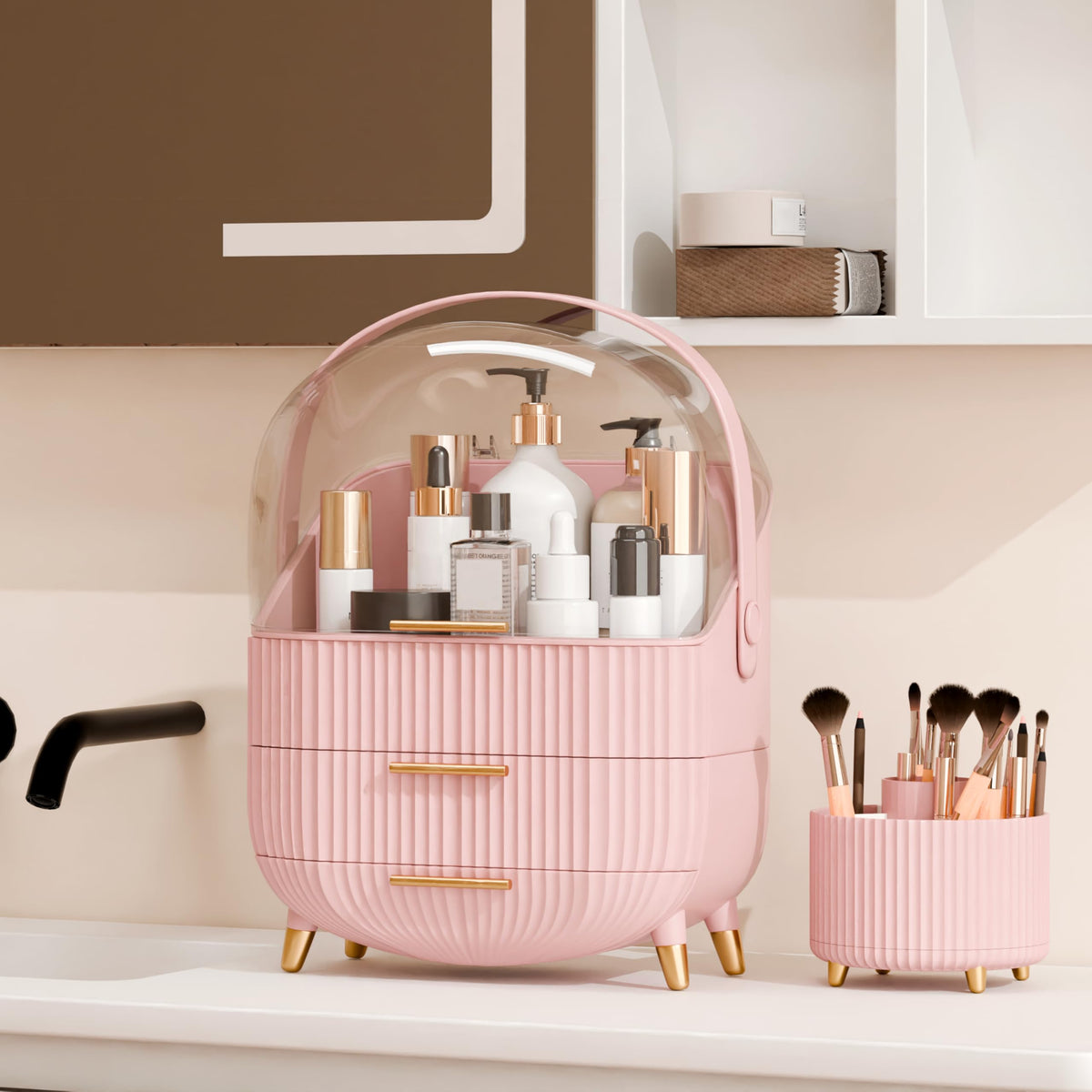 LURCNS makeup organizer close-up with transparent acrylic cover and golden handle, adding chic style