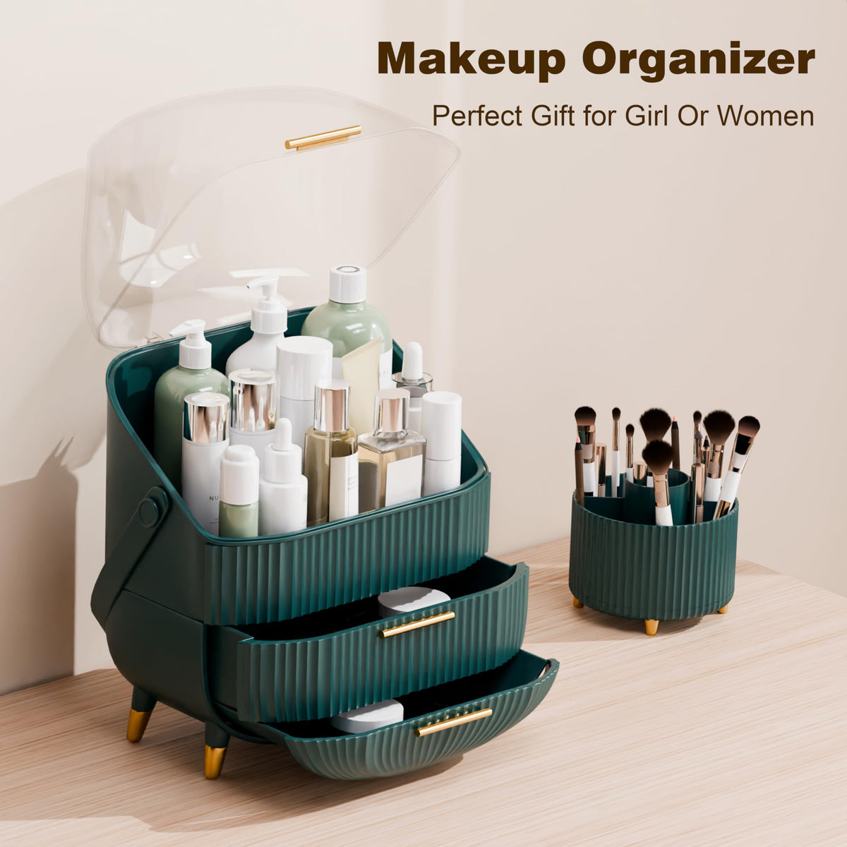 lurcns makeup organizer with transparent acrylic cover protects cosmetics on display