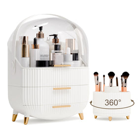 Lurcns makeup organizer with lid and drawers on a vanity, keeping cosmetics neatly accessible.