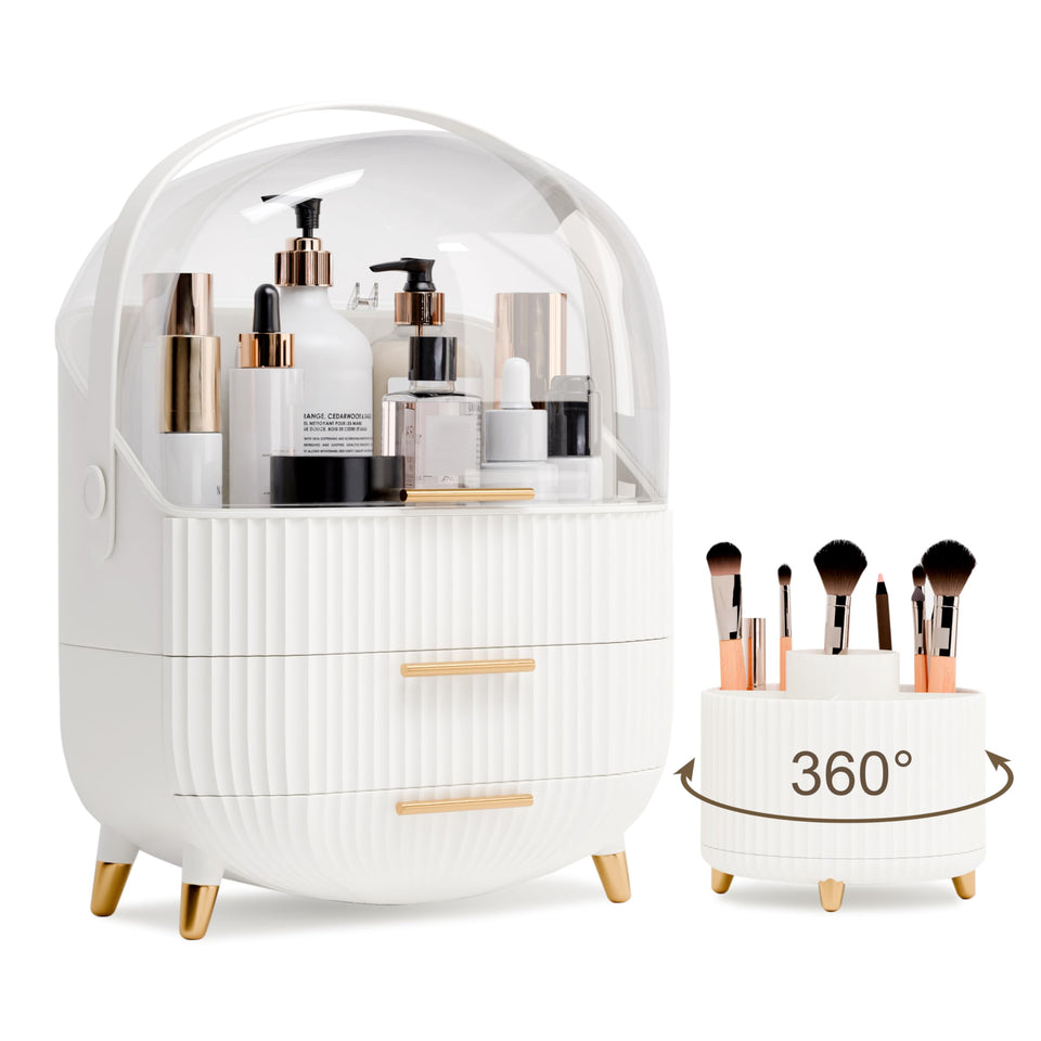 Lurcns makeup organizer with lid and drawers on a vanity, keeping cosmetics neatly accessible.