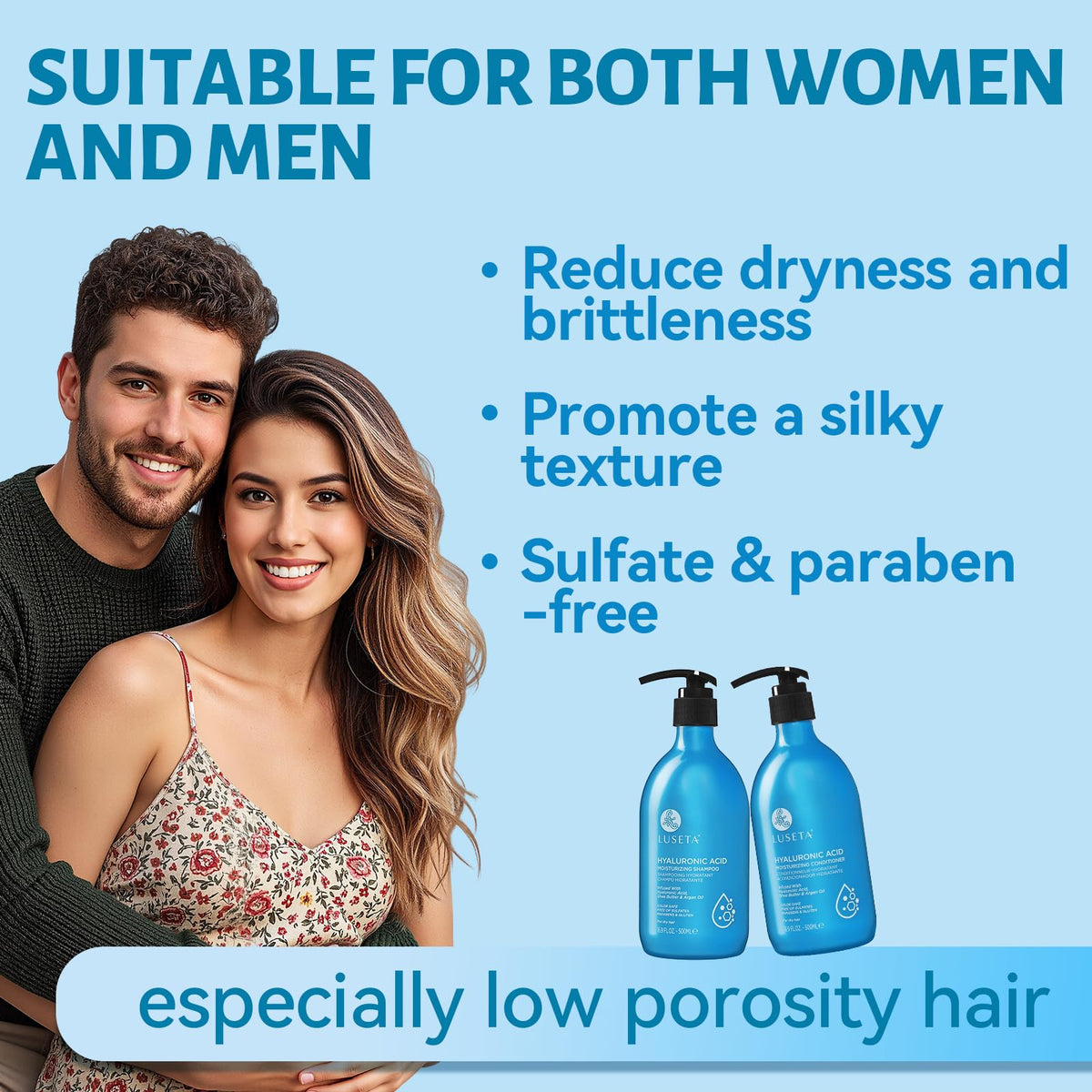 LUSETA frizz-control hair close-up showing smooth, manageable strands.
