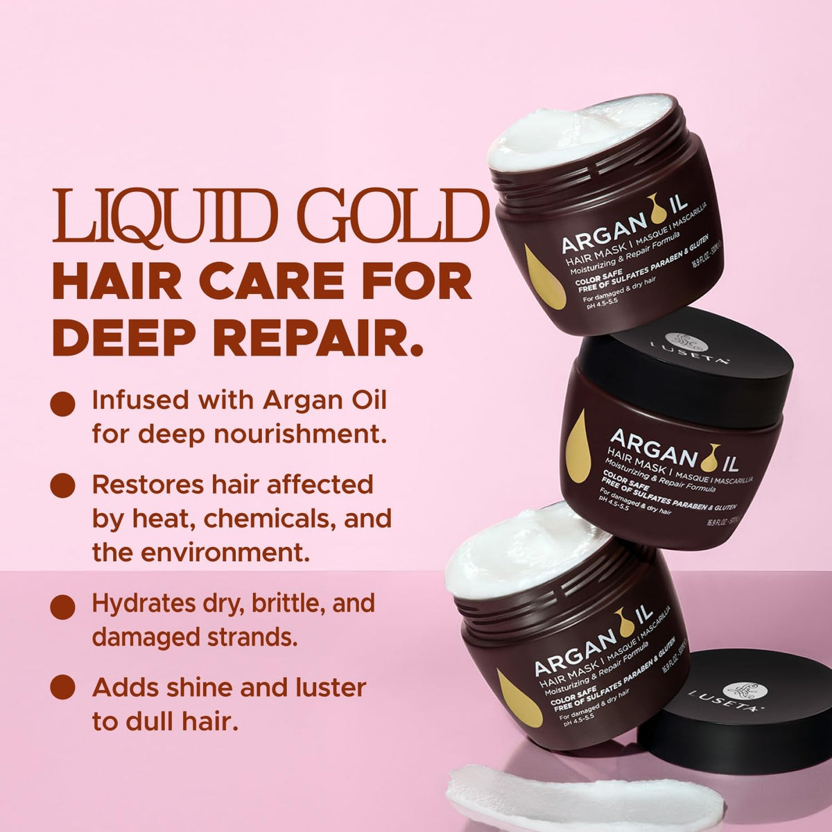 Luseta Argan Oil Hair Mask jar highlights shine and smoothing
