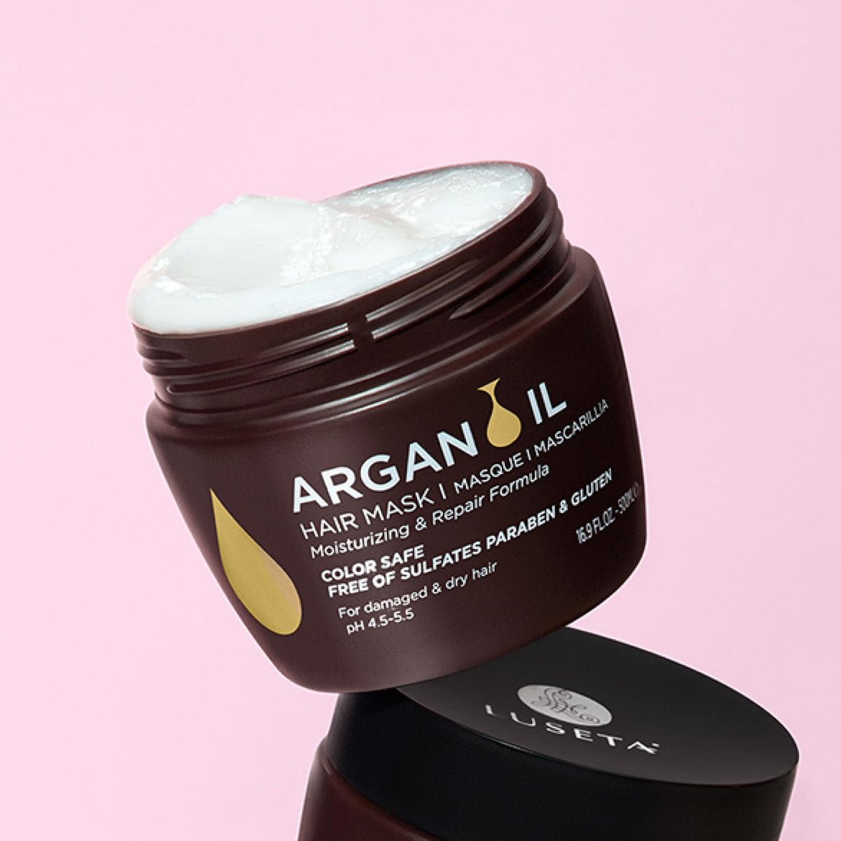Luseta Argan Oil Hair Mask packaging indicates heat protection