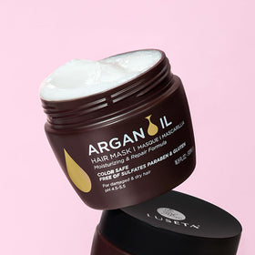 Luseta Argan Oil Hair Mask packaging indicates heat protection