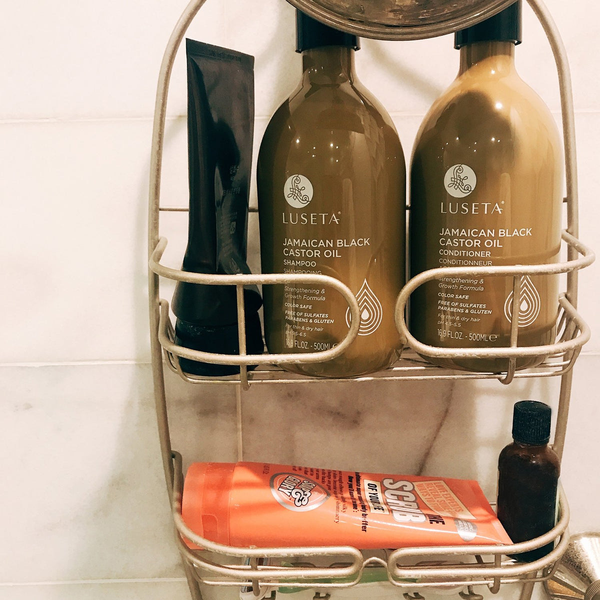 Luseta product on bathroom shelf for at-home luxury conditioning