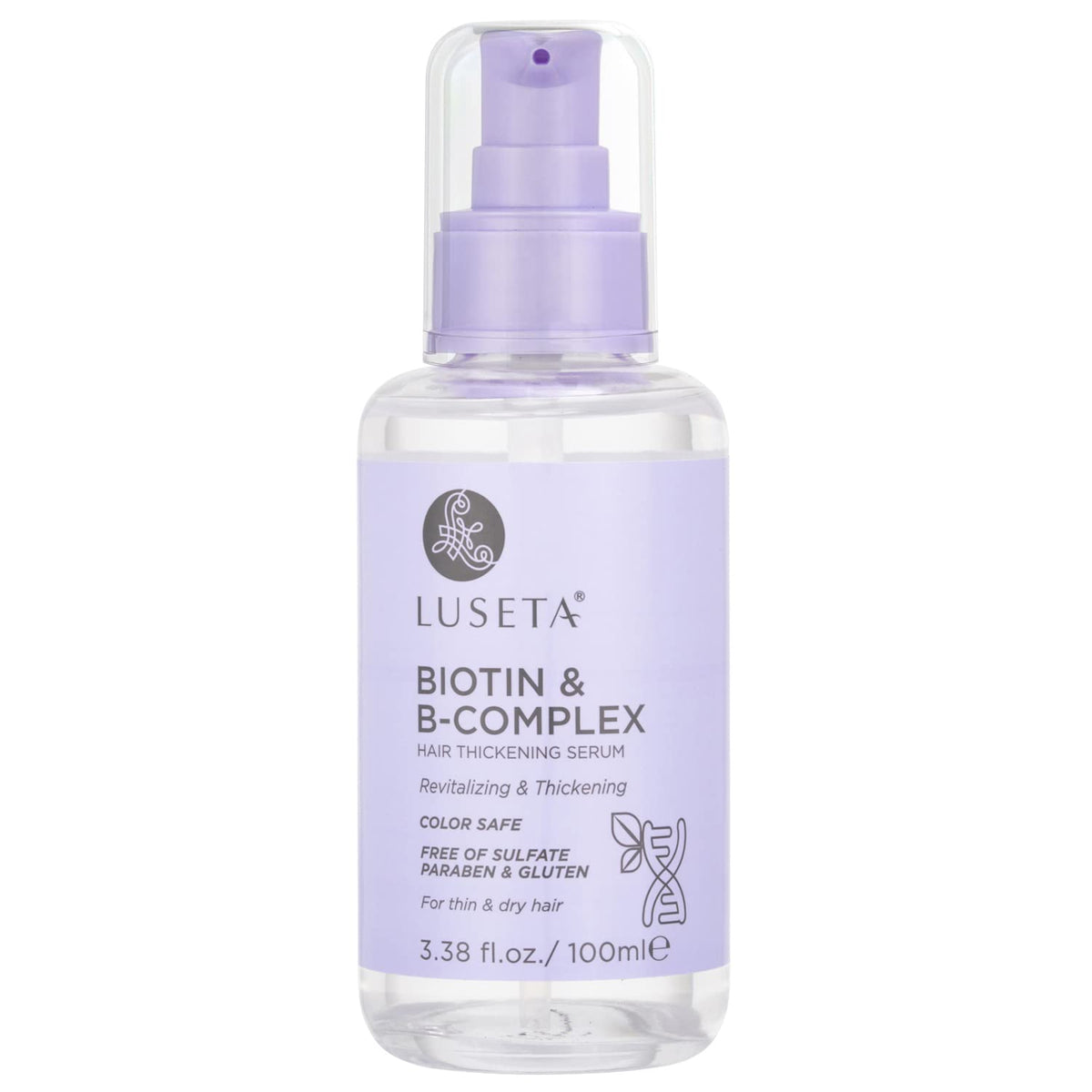 Luseta Biotin B-Complex Hair Oil bottle with dropper for nourishing hair and fuller look.