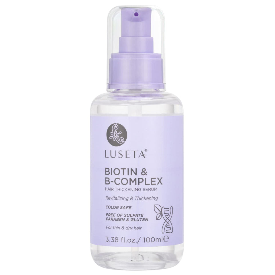 Luseta Biotin B-Complex Hair Oil bottle with dropper for nourishing hair and fuller look.