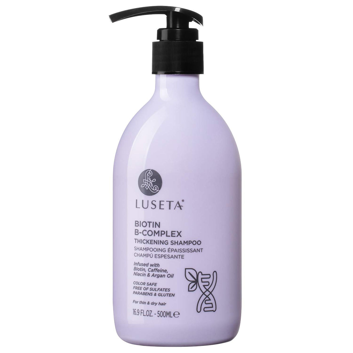 Luseta Biotin B-Complex shampoo bottle showcases nourishing formula for fuller-looking hair