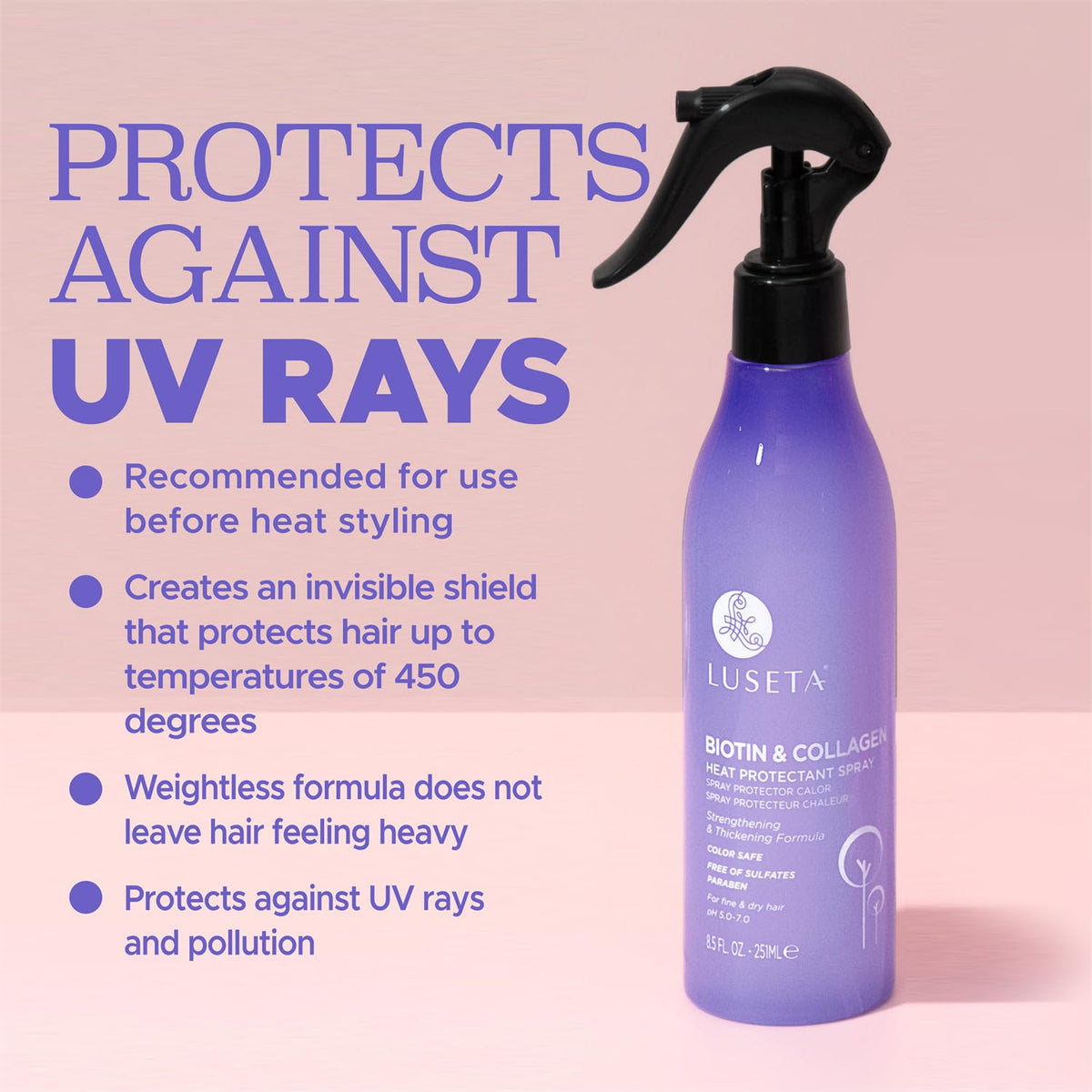Luseta Biotin & Collagen spray before styling guards strands.