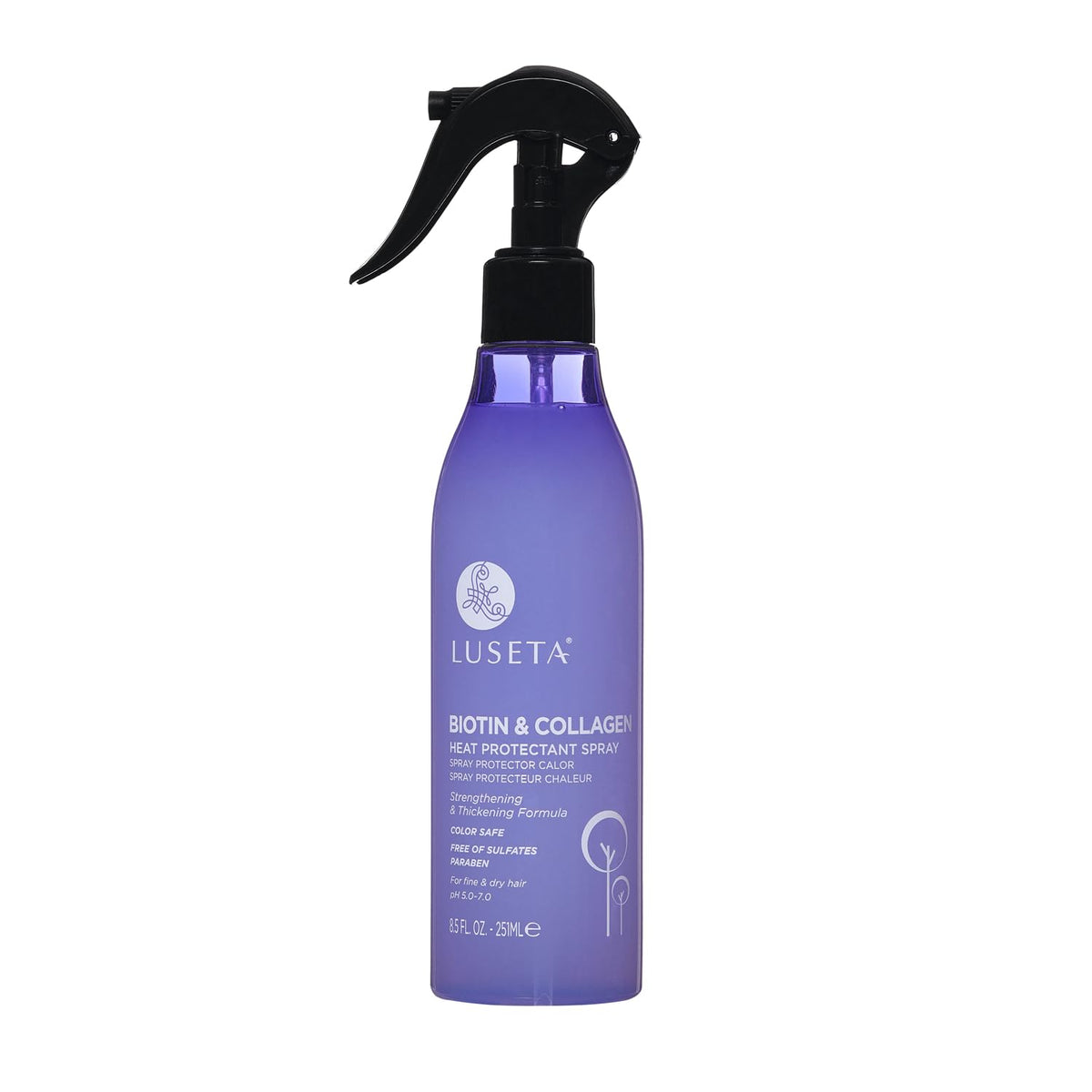 Luseta Biotin & Collagen heat protection spray bottle pre-styling shield.