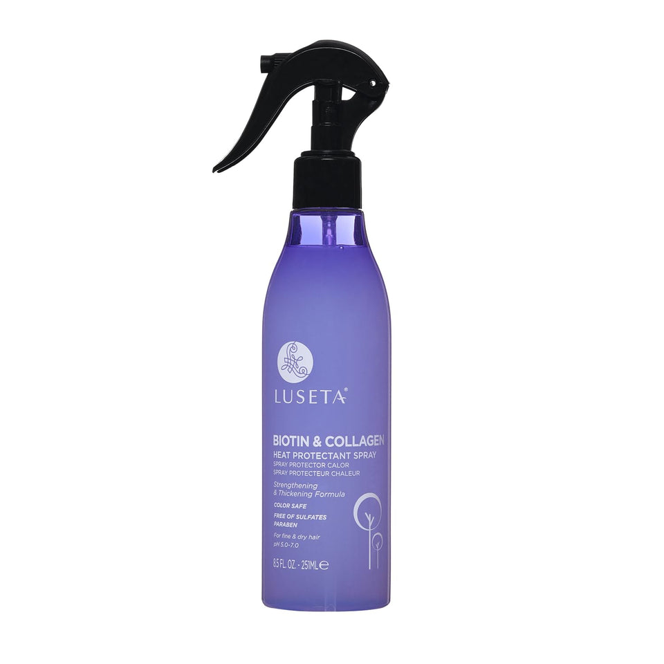 Luseta Biotin & Collagen heat protection spray bottle pre-styling shield.