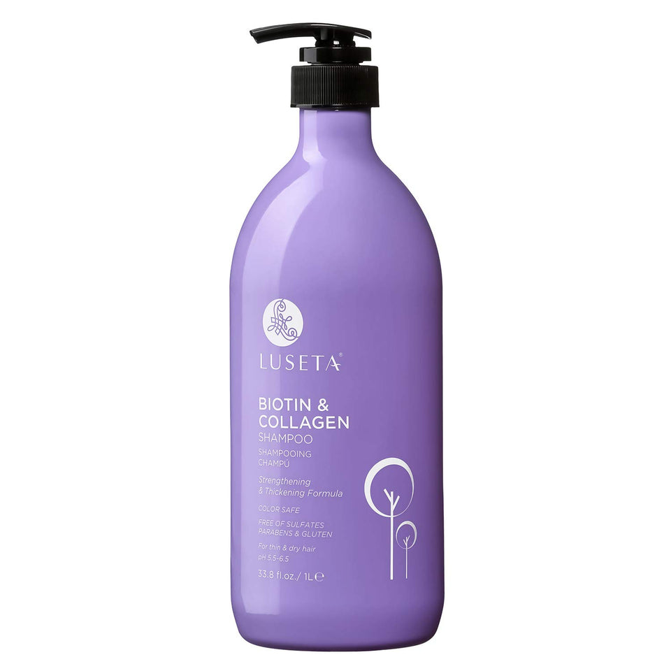 L LUSETA Biotin & Collagen Shampoo bottle with argan oil for nourishing care and smoother hair.