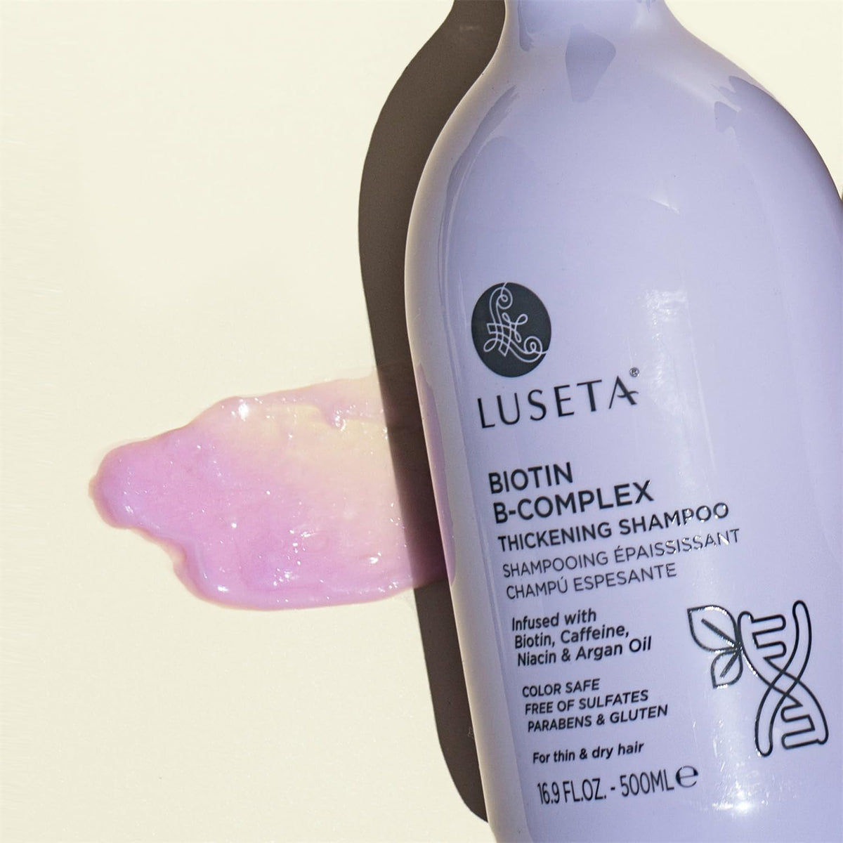 Luseta Biotin shampoo color-safe formula on packaging illustrates damage repair potential