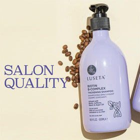 Luseta Biotin shampoo product shot emphasizes color-safe formula for all hair types