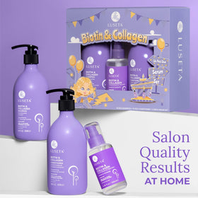 Luseta Biotin Trio Conditioner bottle adds moisture and body to strands.