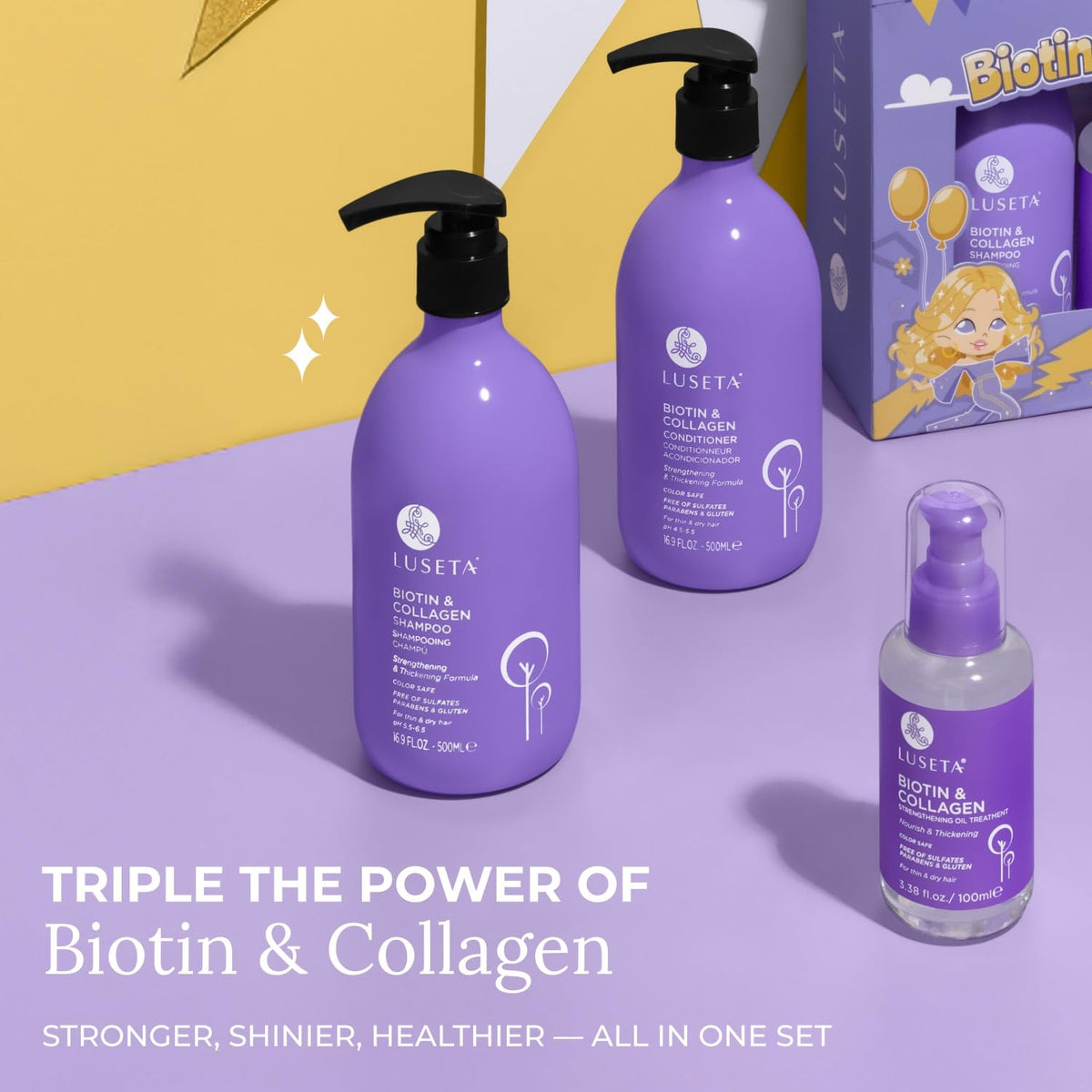Luseta Biotin Trio Hair Serum bottle adds shine and manageability.