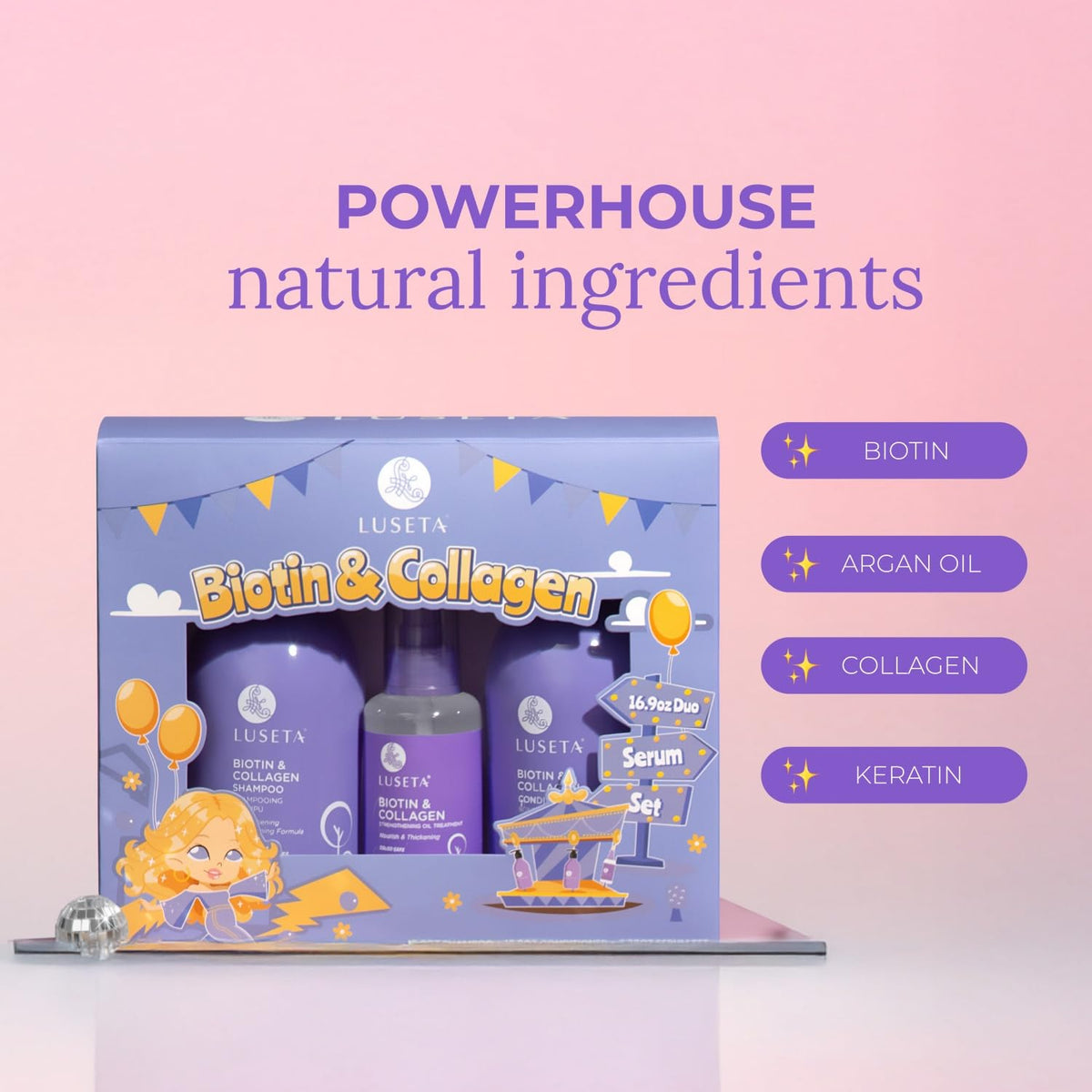 Luseta Biotin Trio ingredients close-up highlights biotin and collagen benefits.