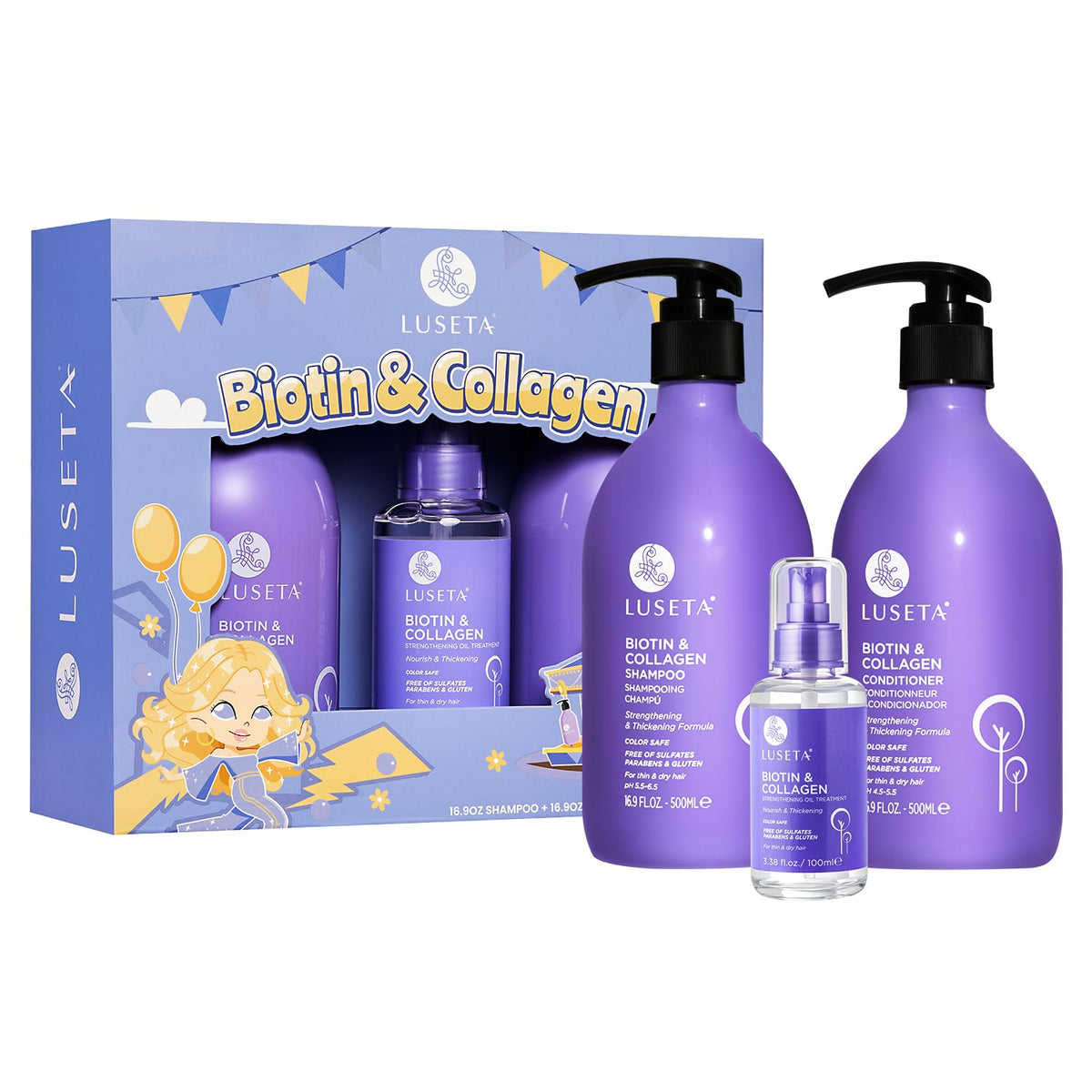 Luseta Biotin Trio Shampoo bottle promises fuller strands for thinning hair.